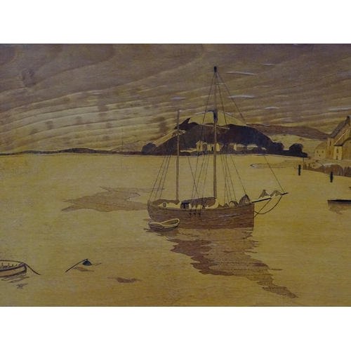 1362 - A 20thC Rowley Gallery style marquetry panel depicting a harbour scene with moored boats. Approx. 21... 