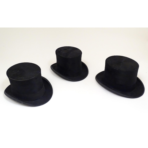 1406 - Vintage fashion accessories: Three black top hats, two by Alex. Prosser, The Hattery, Sunderland, an... 