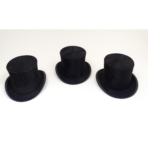 1406 - Vintage fashion accessories: Three black top hats, two by Alex. Prosser, The Hattery, Sunderland, an... 