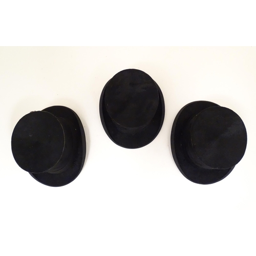 1406 - Vintage fashion accessories: Three black top hats, two by Alex. Prosser, The Hattery, Sunderland, an... 