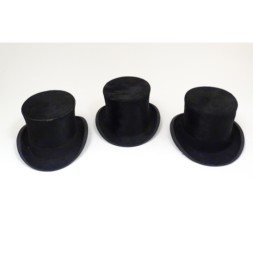 1406 - Vintage fashion accessories: Three black top hats, two by Alex. Prosser, The Hattery, Sunderland, an... 