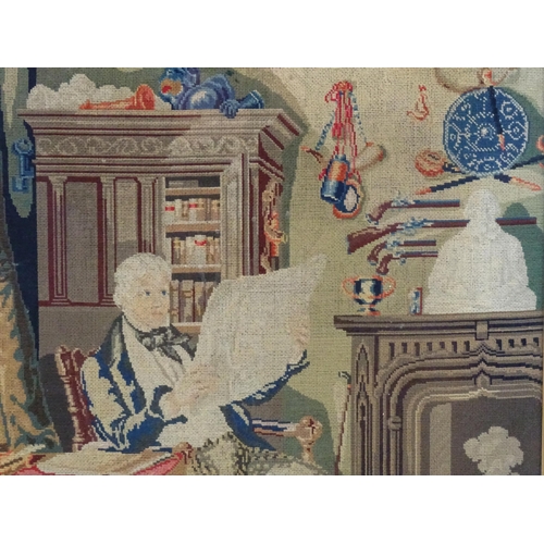 1424 - A 19thC woolwork / needlework embroidery depicting Sir Walter Scott reading in his study at Abbotsfo... 