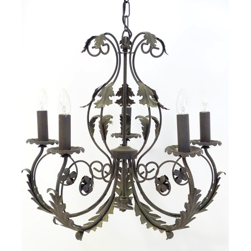 1588 - A 20thC 5-branch chandelier / electrolier / pendant light with acanthus scroll detail. Approx 23