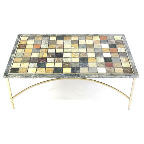 1617 - A 20thC marble topped coffee table, the specimen marble top of rectangular form resting on a chromed... 