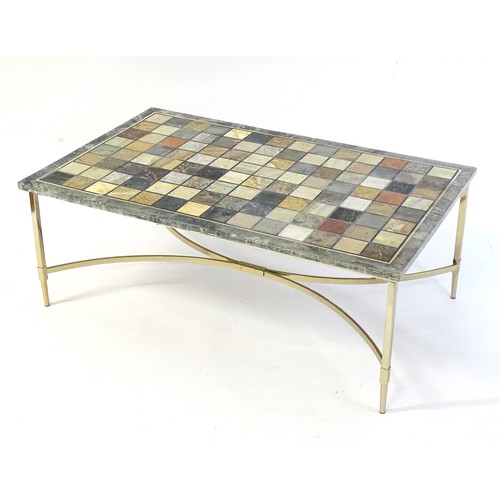 1617 - A 20thC marble topped coffee table, the specimen marble top of rectangular form resting on a chromed... 