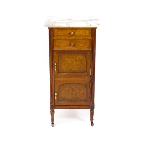 1636 - A late 19thC French kingwood cabinet, with a marble top above two short drawers and two panelled cup... 