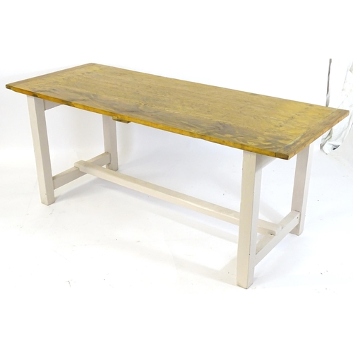 1696 - A vintage farmhouse / refectory table with a planked pine top and painted peg jointed base. 75