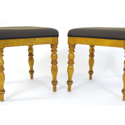 1723 - A pair of 19thC Scandinavian birch stools, the stools having upholstered tops and turned tapering le... 