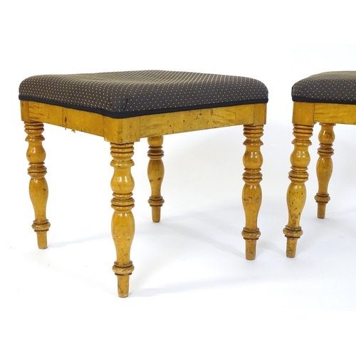 1723 - A pair of 19thC Scandinavian birch stools, the stools having upholstered tops and turned tapering le... 