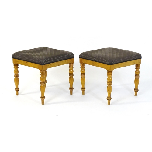 1723 - A pair of 19thC Scandinavian birch stools, the stools having upholstered tops and turned tapering le... 