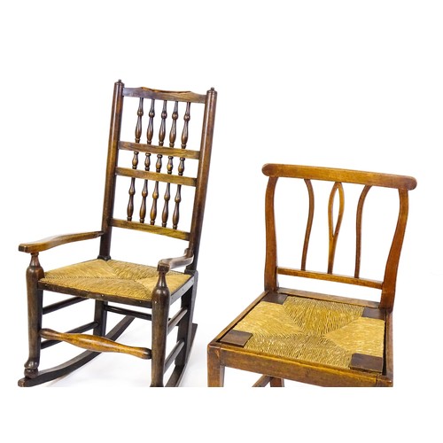 1727 - Two 19thC rush seated chairs, one a spindle back rocking chair, together with a side chair raised on... 