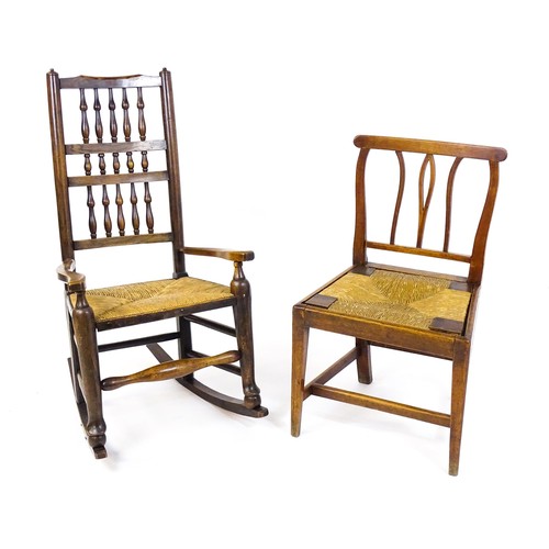 1727 - Two 19thC rush seated chairs, one a spindle back rocking chair, together with a side chair raised on... 