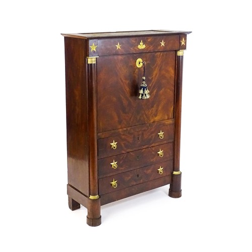 1731 - A 19thC continental mahogany secretaire, with a fall front above three long drawers, the structure a... 