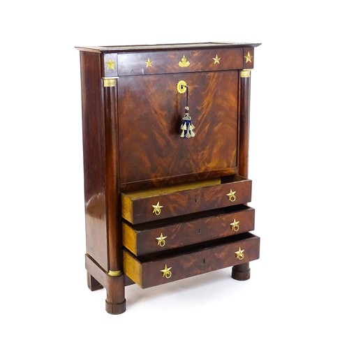 1731 - A 19thC continental mahogany secretaire, with a fall front above three long drawers, the structure a... 