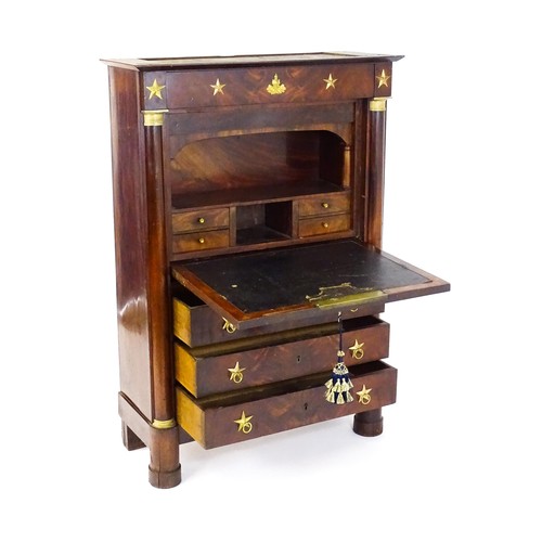 1731 - A 19thC continental mahogany secretaire, with a fall front above three long drawers, the structure a... 