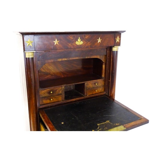 1731 - A 19thC continental mahogany secretaire, with a fall front above three long drawers, the structure a... 