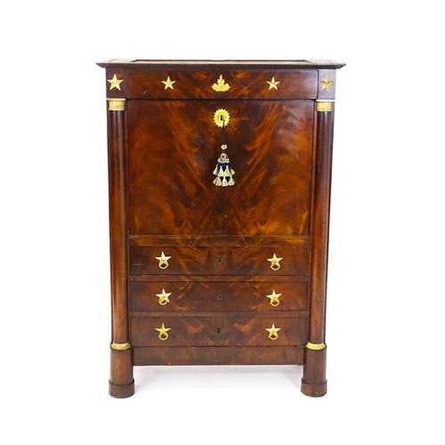 1731 - A 19thC continental mahogany secretaire, with a fall front above three long drawers, the structure a... 