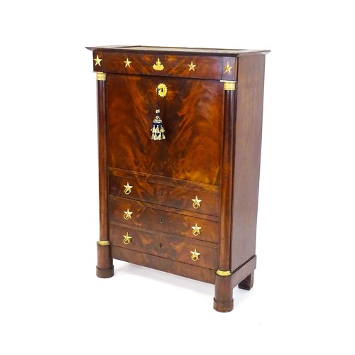 1731 - A 19thC continental mahogany secretaire, with a fall front above three long drawers, the structure a... 