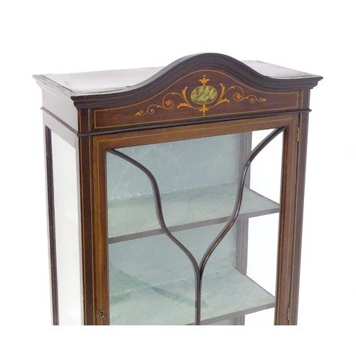 1760 - An early 20thC mahogany display cabinet, with a segmental pediment above a painted frieze and decora... 