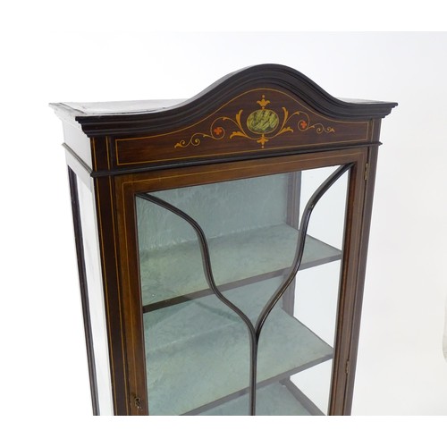 1760 - An early 20thC mahogany display cabinet, with a segmental pediment above a painted frieze and decora... 