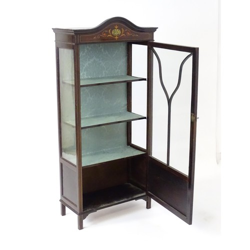 1760 - An early 20thC mahogany display cabinet, with a segmental pediment above a painted frieze and decora... 