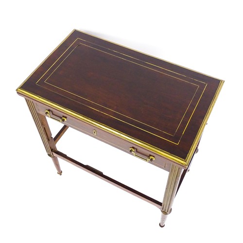 1780 - A 19thC mahogany card table with gilt brass mounts, brass inlay and a hinged, folding top, the top r... 