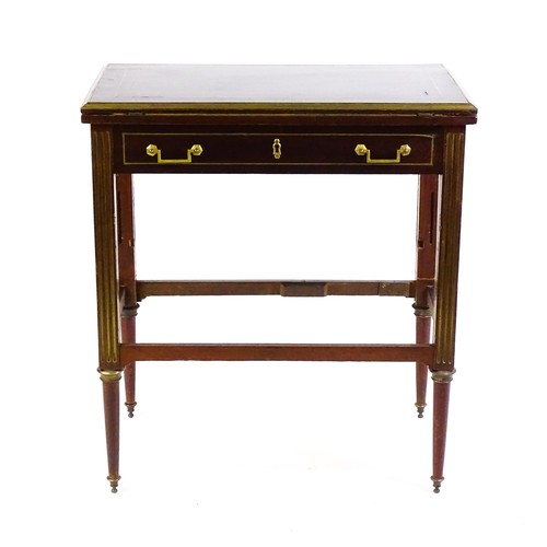 1780 - A 19thC mahogany card table with gilt brass mounts, brass inlay and a hinged, folding top, the top r... 