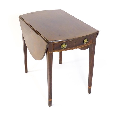 1781 - An early 19thC mahogany drop flap table, with two demi lune leaves, satinwood stringing and one shor... 