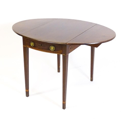 1781 - An early 19thC mahogany drop flap table, with two demi lune leaves, satinwood stringing and one shor... 