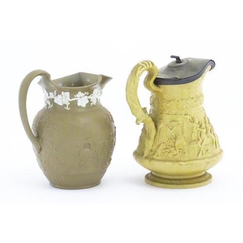 110 - A Ridgway & Co. jug with a hinged pewter lid, the body decorated in relief in the Tam O'Shanter patt... 