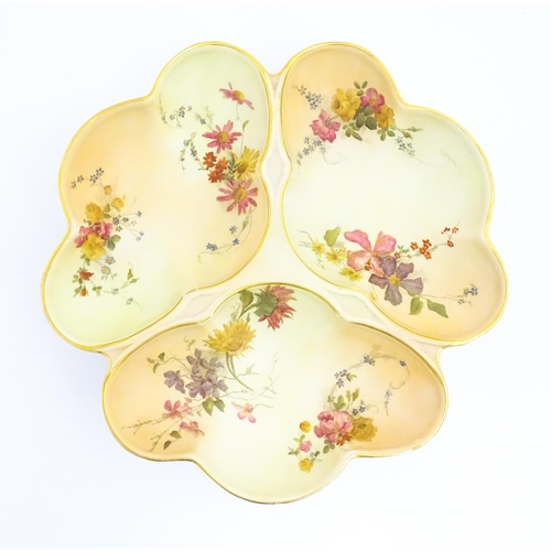 113 - A Royal Worcester three sectional blush ivory serving / hors d'oeuvre dish decorated with flowers an... 