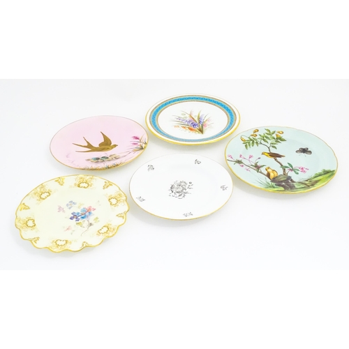 126 - Five assorted hand painted plates depicting flowers, birds, etc, makers to include Royal Crown Derby... 