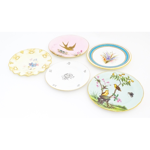 126 - Five assorted hand painted plates depicting flowers, birds, etc, makers to include Royal Crown Derby... 