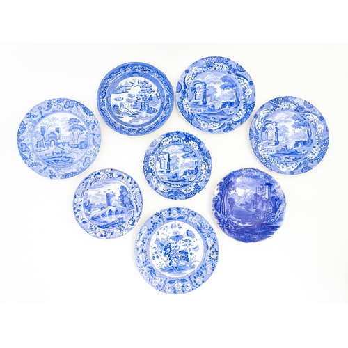 128 - Eight assorted blue and white plates, patterns to include Willow, Castle, Italian, India, Bridge of ... 