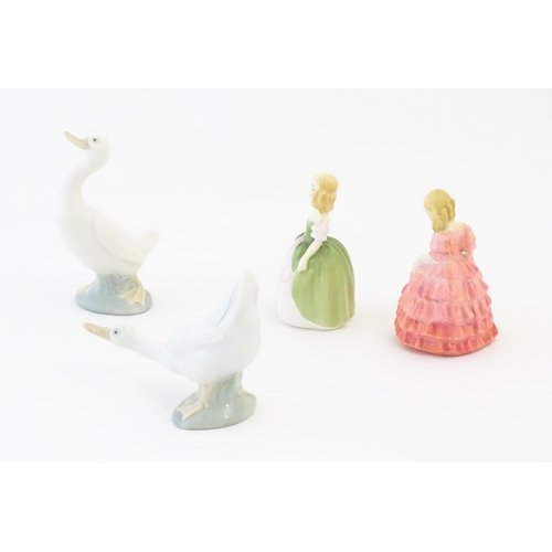 142 - Two Royal Doulton model of girls comprising Rose HN1362 and Penny HN2338, and two Nao geese. Marked ... 