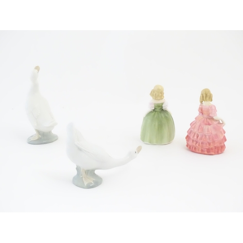 142 - Two Royal Doulton model of girls comprising Rose HN1362 and Penny HN2338, and two Nao geese. Marked ... 