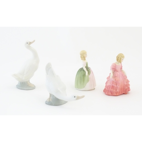 142 - Two Royal Doulton model of girls comprising Rose HN1362 and Penny HN2338, and two Nao geese. Marked ... 