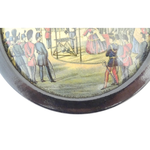 143 - Two Prattware pot lids comprising Derby Day Horse Racing, and Wimbledon July 1860. Approx. 4 1/4