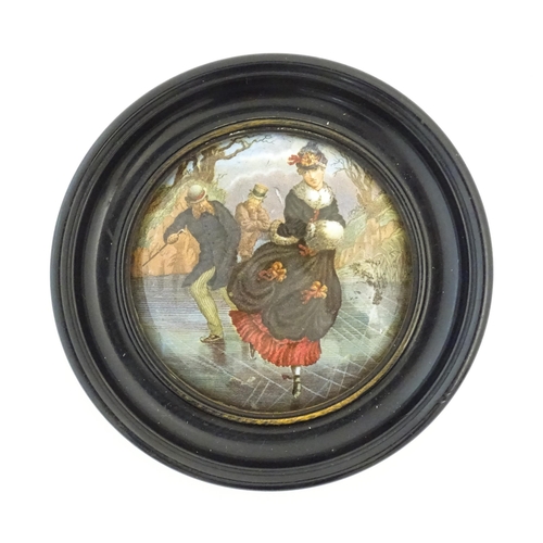 145 - A Prattware pot lid depicting figures ice skating. Approx. 4 1/4