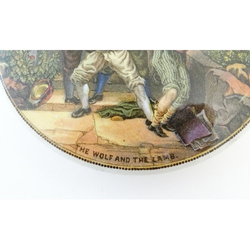 146 - Three Prattware pot lids comprising The Wolf and the Lamb, Peace, and a courting couple on a hunting... 