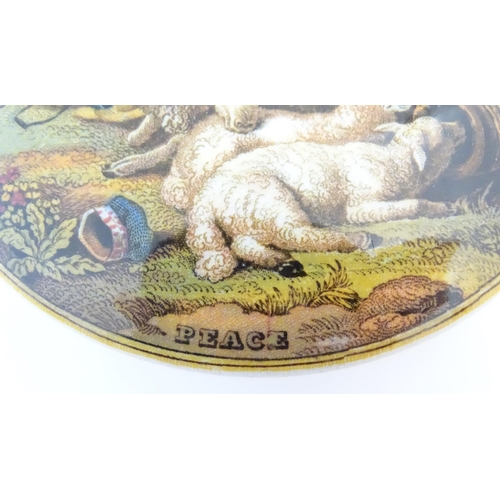 146 - Three Prattware pot lids comprising The Wolf and the Lamb, Peace, and a courting couple on a hunting... 