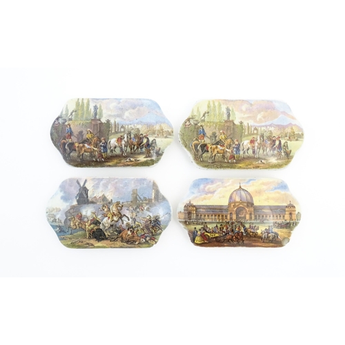 149 - Four shaped pot lids, one depicting Crystal Palace, three after Philips Wouwerman to include a hunti... 