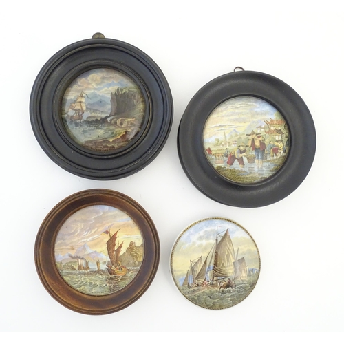 154 - Four Prattware pot lids comprising The Ning Po River, The Chin Chew River, Transplanting Rice and Ha... 