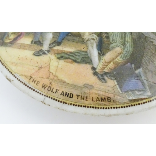 156 - Four Prattware pot lids comprising Garibaldi, On Guard, The Wolf and the Lamb, and A Letter from the... 