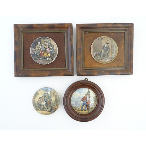 156 - Four Prattware pot lids comprising Garibaldi, On Guard, The Wolf and the Lamb, and A Letter from the... 