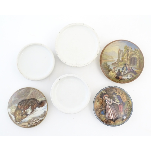 157 - Three Prattware pot lids with bases, comprising The Snow Drift after Landseer, No by Heavens Exclaim... 