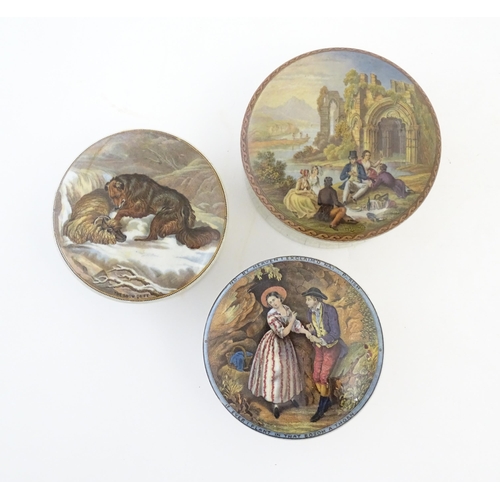 157 - Three Prattware pot lids with bases, comprising The Snow Drift after Landseer, No by Heavens Exclaim... 