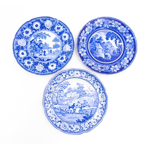 53 - Three 19thC blue and white plates to include a Rogers plate in the Zebra pattern, a Stevenson Pastor... 