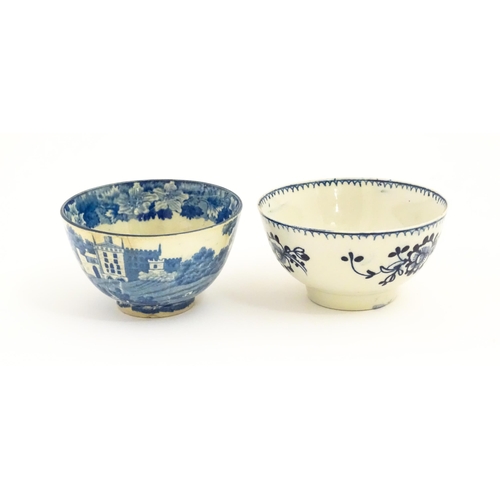 64 - A Liverpool James Pennington blue and white tea bowl with flower detail. Together with a Copeland st... 