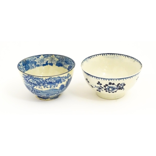 64 - A Liverpool James Pennington blue and white tea bowl with flower detail. Together with a Copeland st... 